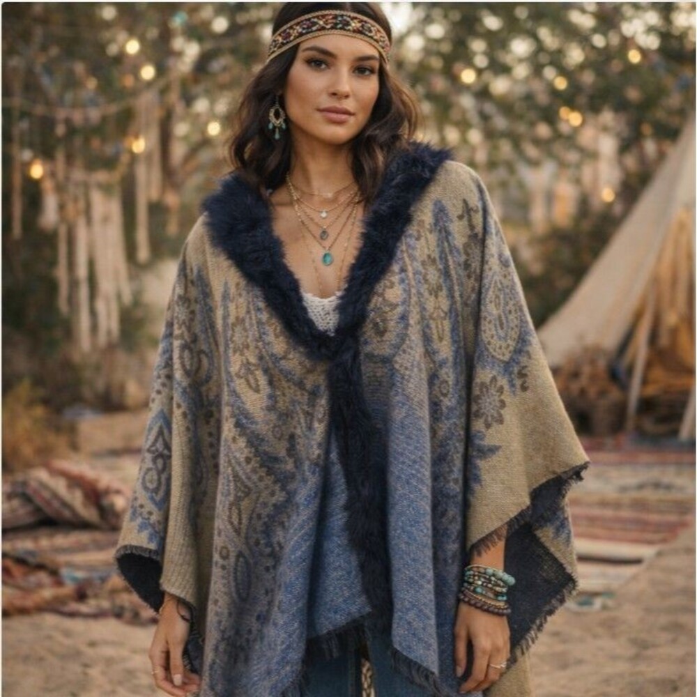 Boho Wool Wrap Poncho Cape Faux Fur Trim Paisley Tapestry Knit Shawl One Size